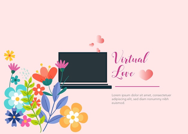 virtuelles Liebesbanner mit Laptop-Herzform und Blume