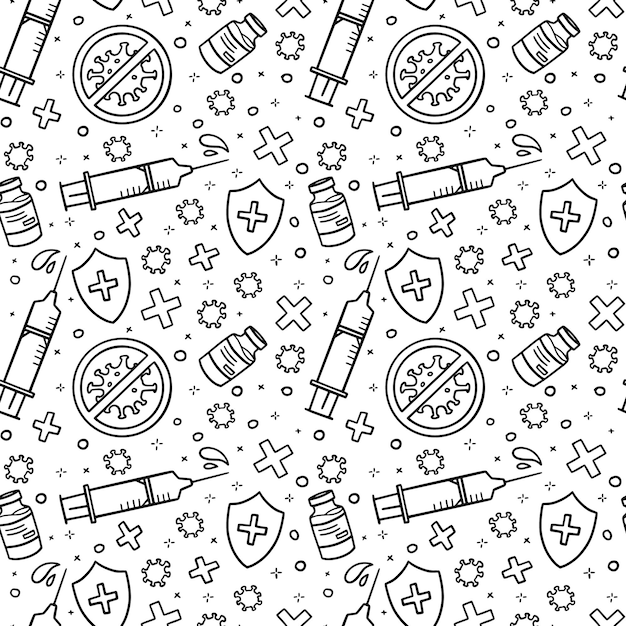 Vektor virus- oder covid-impfstoffvektor nahtlose musterspritze zur injektion im doodle-stil