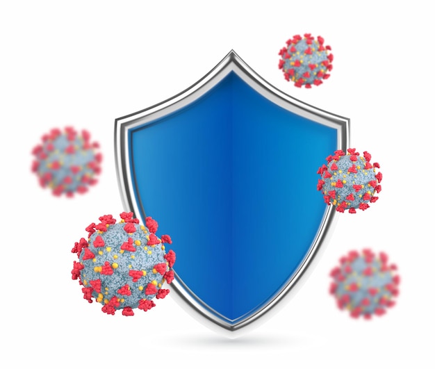 Virus Schutz. Schild- und Viruszellen. Vor Viren schützen. Mikrobiologie und Medizin. Antibiotikum, Impfung gegen Coronavirus. Coronavirus Covid-19 Sicherheitskonzept. Realistische Vektorillustration