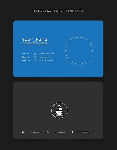 Visitenkartenvorlage auf blauem und grauem hintergrund mit pixel-kaffeesymbol für die identität des programmierers