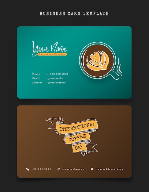 Visitenkartenvorlage mit kaffeebeschriftung und kaffeetasse für mitarbeiteridentitätsdesign im café