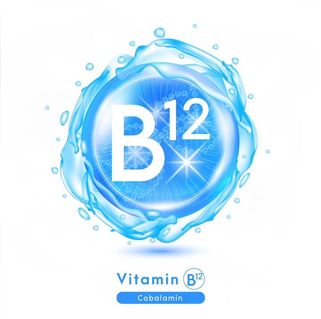 Vitamin b12-symbol glänzender blauer essenztröpfchen vitaminkomplex mit chemischer formel