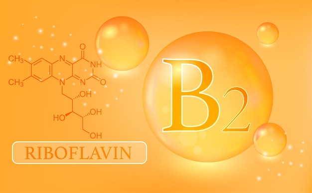 Vitamin B2 Riboflavin Wassertropfen Kapsel auf orangefarbenem Hintergrund Vitaminkomplex mit chemischer Formel Informationen medizinisches Poster Vektorillustration