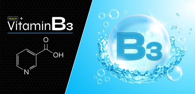 Vektor vitamin b3 wassertropfen blaue tropfen mit wasserspritzer niacin-komplex mit natürlicher chemischer formel