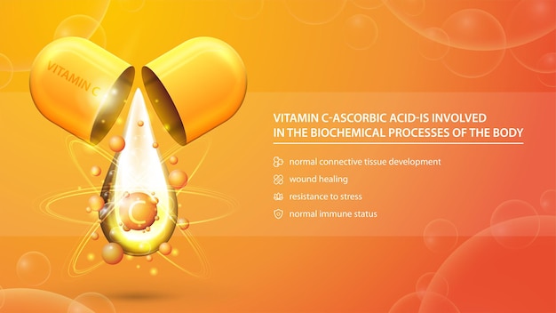 Vektor vitamin c, orange informationsplakat mit abstractpill-kapsel mit tropfen vitamin c.