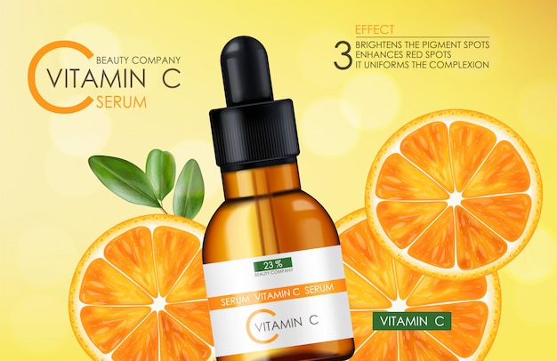 Vitamin C Serum, Beauty Company, Hautpflegeflasche, realistische Verpackung und frische Zitrusfrüchte, Behandlungsessenz, Schönheitskosmetik