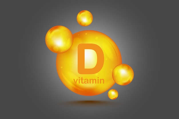 Vektor vitamin-d-symbol mit sonne. vitamin d3 gelb leuchtende kapsel. schönheit, ernährung, hautpflege, pharmazie, diät. vektor-illustration