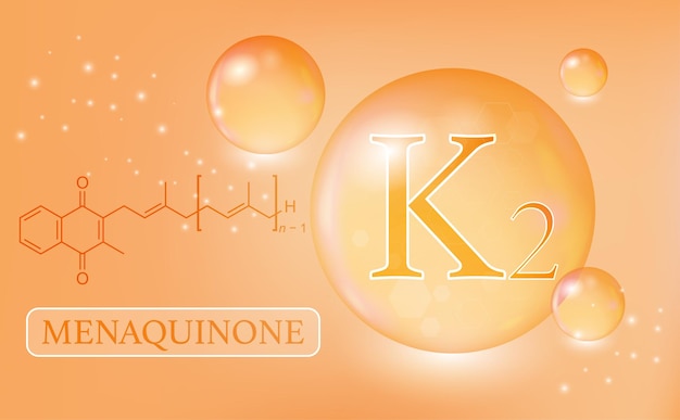 Vitamin k2 menachinon wassertropfen kapsel auf gelbem hintergrund mit farbverlauf vitaminkomplex mit chemischer formel informationen medizinisches poster vektorillustration