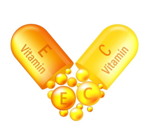 Vektor vitaminkomplex a und e gelbe kapsel mit vitamin a und e auf weißem hintergrund vektorillustration