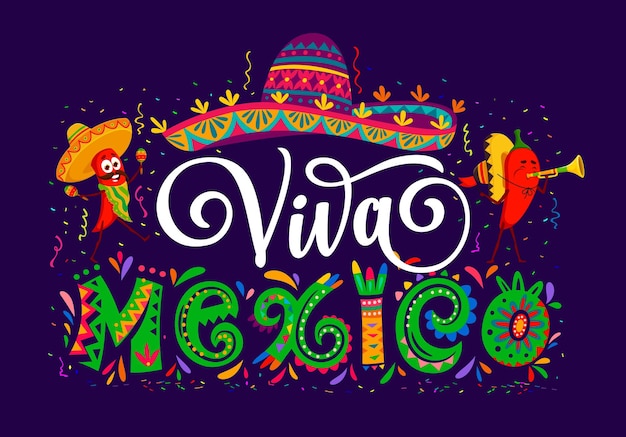 Vektor viva mexico-banner mit chilischoten, mexikanisches unabhängigkeitstag-feiertagsparty-vektorplakat. cartoon-sombrero-hut, konfetti, mariachi-musiker, rote paprika-charaktere, die maracas und trompete spielen