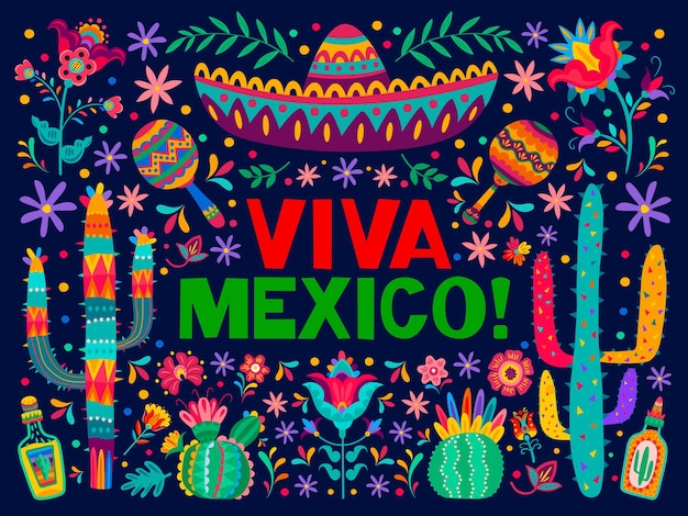 Vektor viva mexico ferienbanner mit sombrero-kaktus und blumen mexikanischer nationalfeiertag oder party patriotisches banner mit bunten, blühenden ornamenten maracas musikinstrument und tequila-getränk flasche