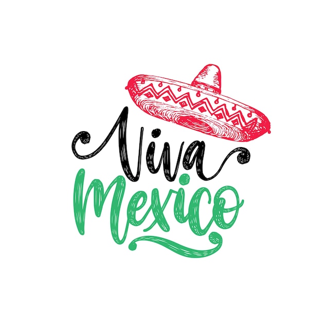 Viva Mexiko, Handbeschriftung. Vektorkalligraphie mit Illustration von Sombrero. Verwendet für Grußkarten, Posterdesign.