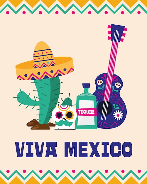 Viva mexiko kaktusschädel tequila und gitarrendesign, kulturthema vektorillustration