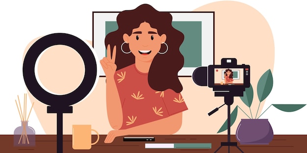 Vektor vlogger-cartoon-figur nimmt video drinnen auf