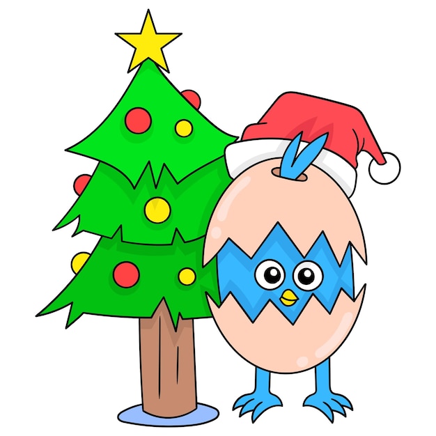 Vögel in zerbrochenen eiern, die weihnachten unter der tanne feiern, vektorillustrationskunstgekritzel-ikonenbild kawaii