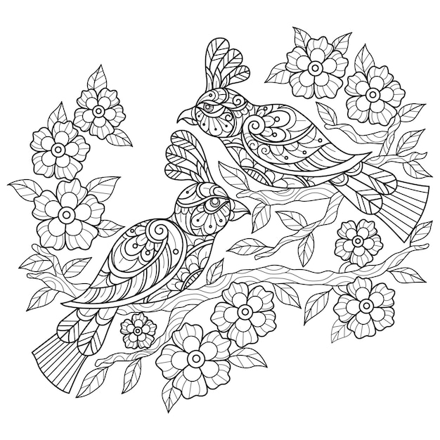 Vögel und Blumen handgezeichnet für Malbuch für Erwachsene
