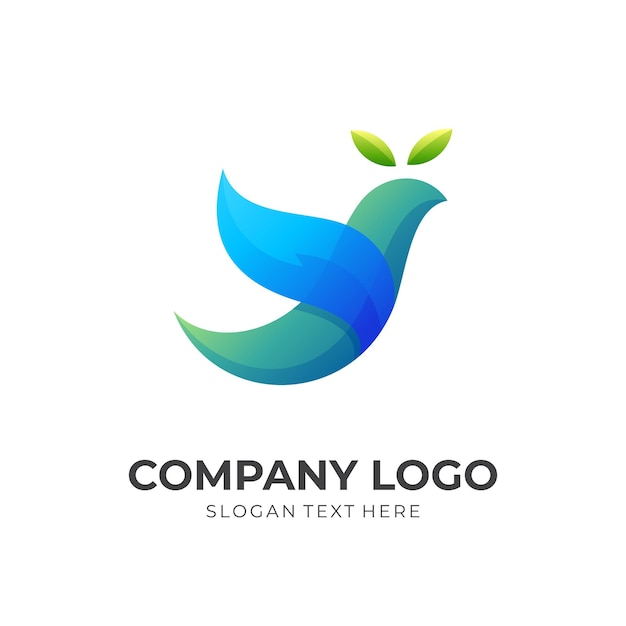 Vogel-blatt-logo-design, vogel- und blatt-kombinationslogo mit farbenfrohem 3d-stil