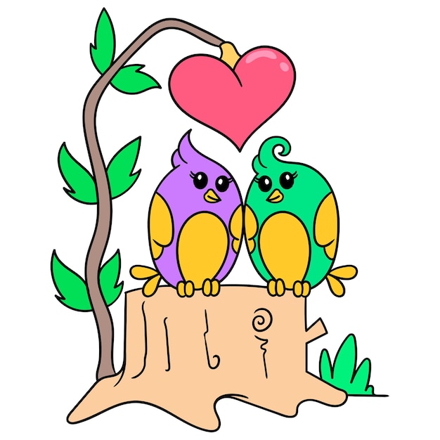 Vektor vogel gepaart symbol der valentinstag feier voller liebe, doodle draw kawaii. illustrationskunst