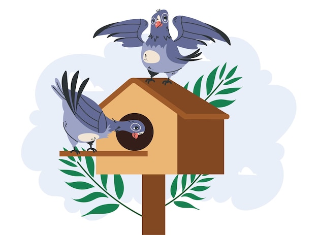 Vogel in Vogelhaus Nist Fütterungskiste Hauskonzept Vektor-Grafik-Design-Illustration