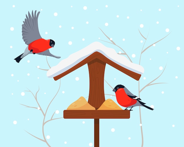 Vektor vogelhäuschen und zwei dompfaffen im winter vögel bei schneekaltem wetter