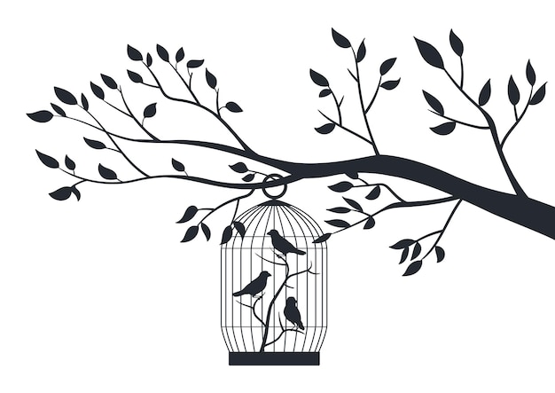 Vogelkäfig auf einem baum ziervögel in baumkäfigen vögel in metallkäfigen silhouetten flache vektorillustration vogelkäfige auf einem baumzweig