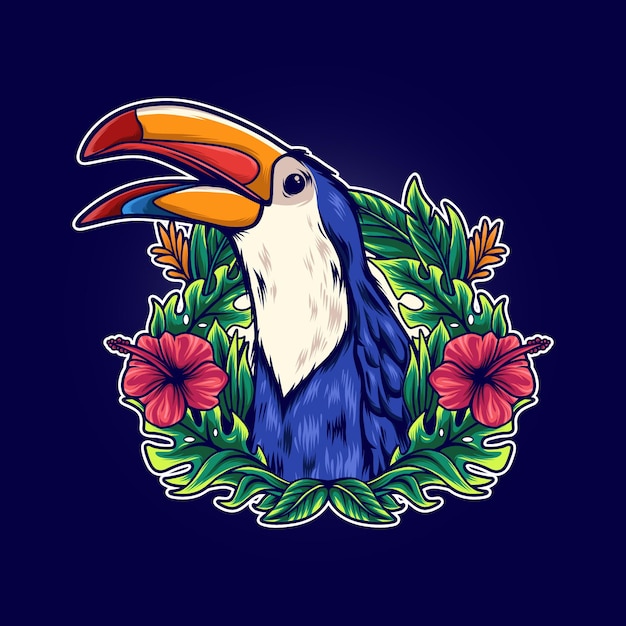 Vogeltukan in tropischer Blumenillustration