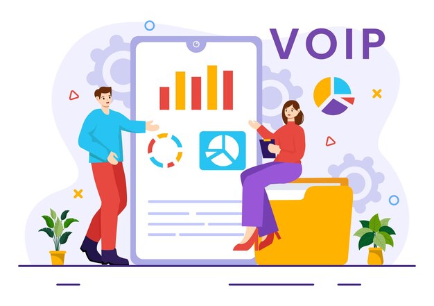 VoIP oder Voice Over Internet Protocol Illustration mit Telefonie-Schema-Technologie und Netzwerk-Telefon