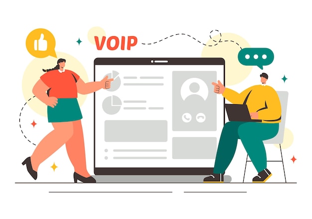 VOIP oder Voice Over Internet Protocol Vector Illustration mit Telefonie-Schema-Technologie und Netzwerk-Telefonanruf-Software in flachem Hintergrund