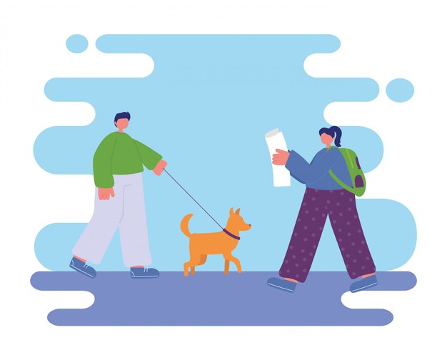 Volksaktivitäten, mann, der mit hund und frau geht, die zeitung lesen