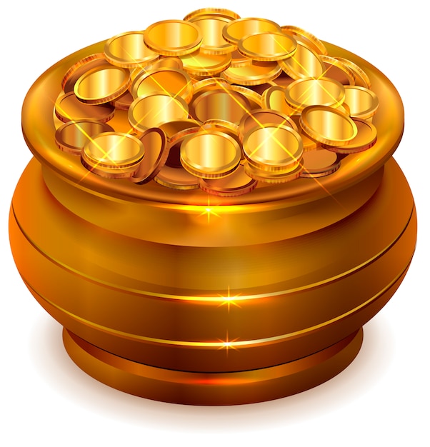 Voller keramiktopf mit goldmünzen