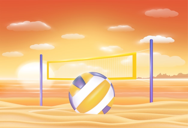 Volleyball auf einem Sonnenuntergangseesandstrand