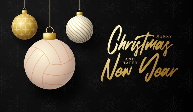 Volleyball frohe weihnachten und ein glückliches neues jahr luxus-sport-grußkarte. volleyballball als weihnachtskugel im hintergrund. vektor-illustration.