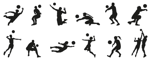 Volleyball-spieler-silhouetten-sammlung satz schwarze volleyball-menschen-silhouette