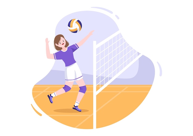 Vektor volleyballspieler beim angriff auf die sportwettbewerbsserie indoor in flacher cartoon-illustration