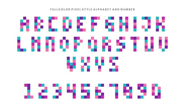 Vektor vollfarbiges alphabet und zahl im pixelstil