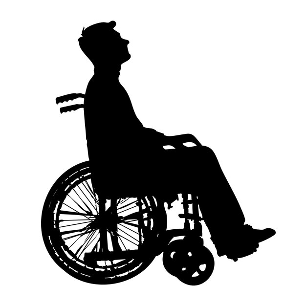 Vollkörperliche Silhouette eines jungen Mannes in einem Rollstuhl, ganz in Schwarz