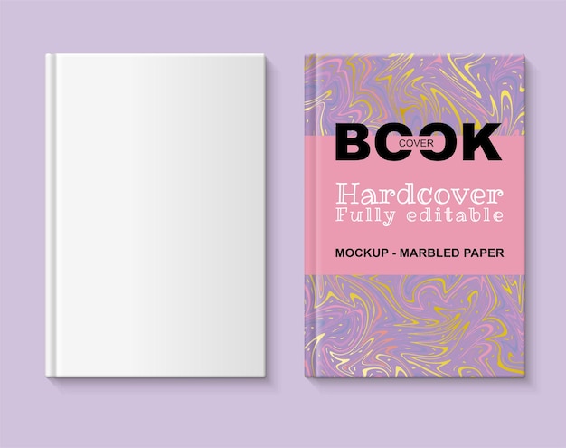 Vollständig bearbeitbares Buchmodell Bucheinband mit marmoriertem Papier in Korallenviolett und Goldtönen