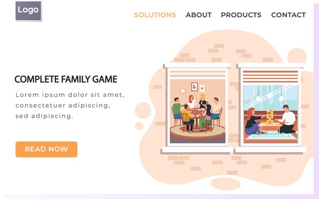 Vollständige landingpage-vorlage für familienspiele mit leuten, die zu hause brettspiele und jenga spielen
