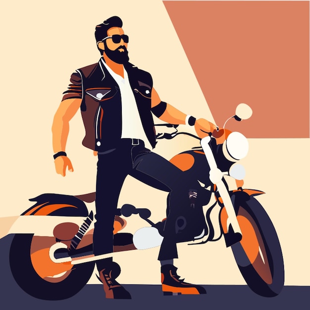 Vektor vollständiger mann in einer schwarzen weste und brille auf einem harley-motorrad vektorillustration flat 2