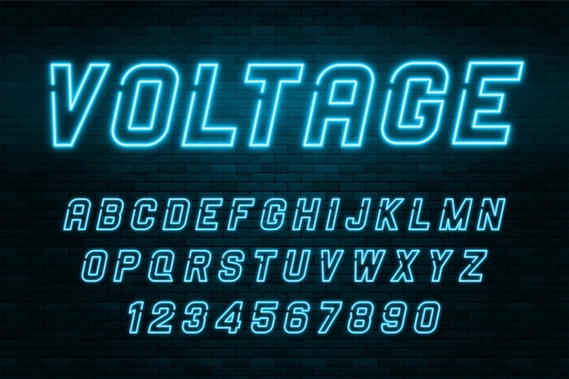 Voltage neon light alphabet, realistische, extra leuchtende schrift
