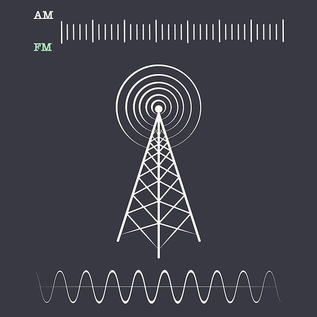 Von einem funkturm gesendete funksignale, schallwellen und tuner-grafiken