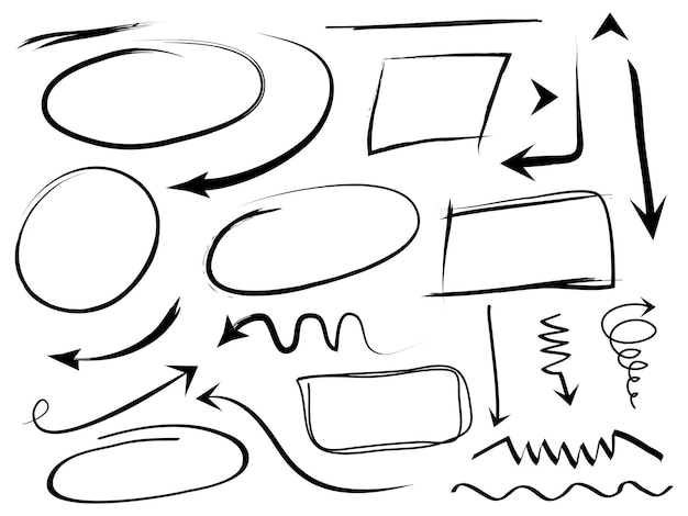 von Hand gezeichnete Designelemente Set Pfeile Kastenkreis Linie Scribble Doodle Abstrakte Verwendung für Konzeptdesign isoliert auf weißem Hintergrund Vektorillustration