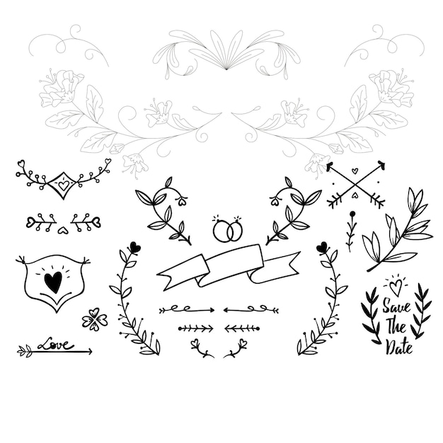 von Hand gezeichnete Hochzeitsschmuck-Sammlung Vektor-Design-Illustration