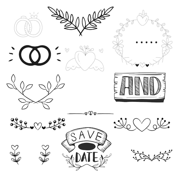 von Hand gezeichnete Hochzeitsschmuck-Sammlung Vektor-Design-Illustration