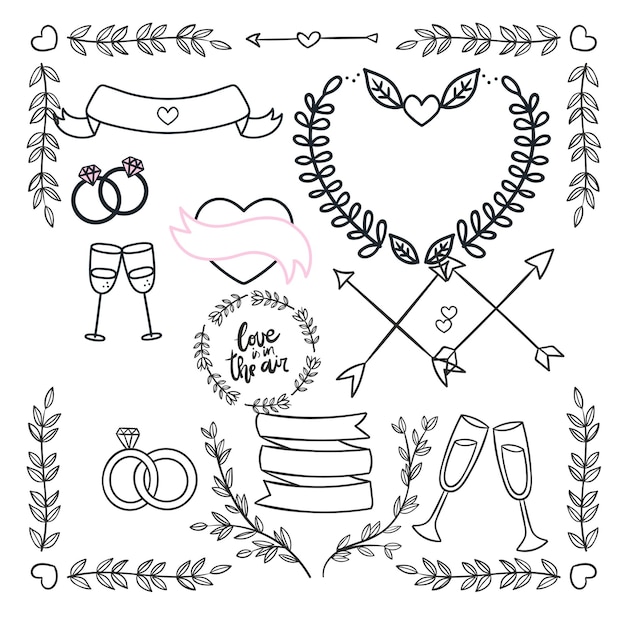 von Hand gezeichnete Hochzeitsschmuck-Sammlung Vektor-Design-Illustration