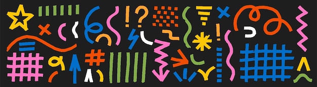 Von hand gezeichneter kurve moderne kunst collage mit farbenfrohen formen grunge-stil naive spielerische formen