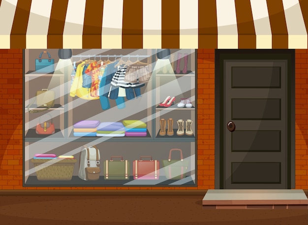Vor dem Bekleidungsgeschäft Vitrine mit Kleidung und Accessoires