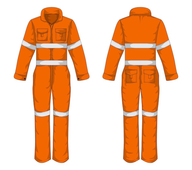 Vorder- und rückansicht der orangefarbenen vorlage für arbeitskleidung vektorillustration des overalls für herren
