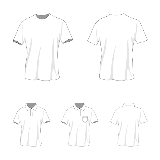 Vorder- und Rückansicht des Kleidungssets Leere Verschleißvorlagen T-Shirt und Polo Lässiger Stil Vektorillustration für Ihr Modedesign