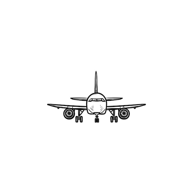 Vorderansicht des handgezeichneten umriss-doodle-symbols des flugzeugs. luftfahrt und tourismus, fliegende flugzeuge, verkehrsflugzeugkonzept